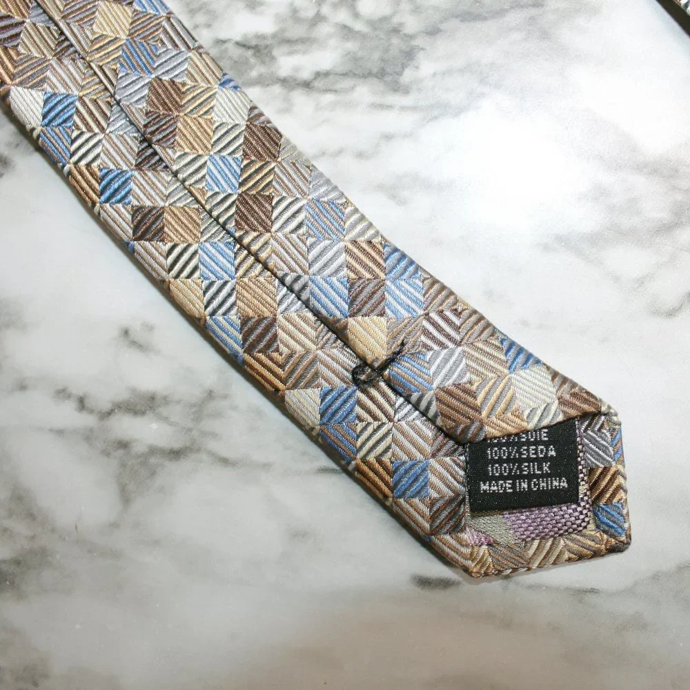 VALERIO GARATI Neck Tie Classic Patchwork Squares Neutral Tan Blue Silk Necktie